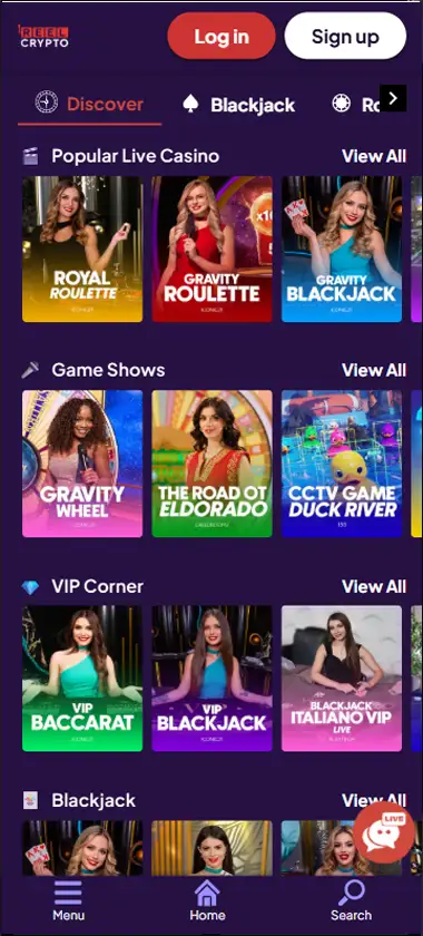 Reel Crypto Casino mobile live casino interface screenshot showing live dealer tables including blackjack and roulette - tested