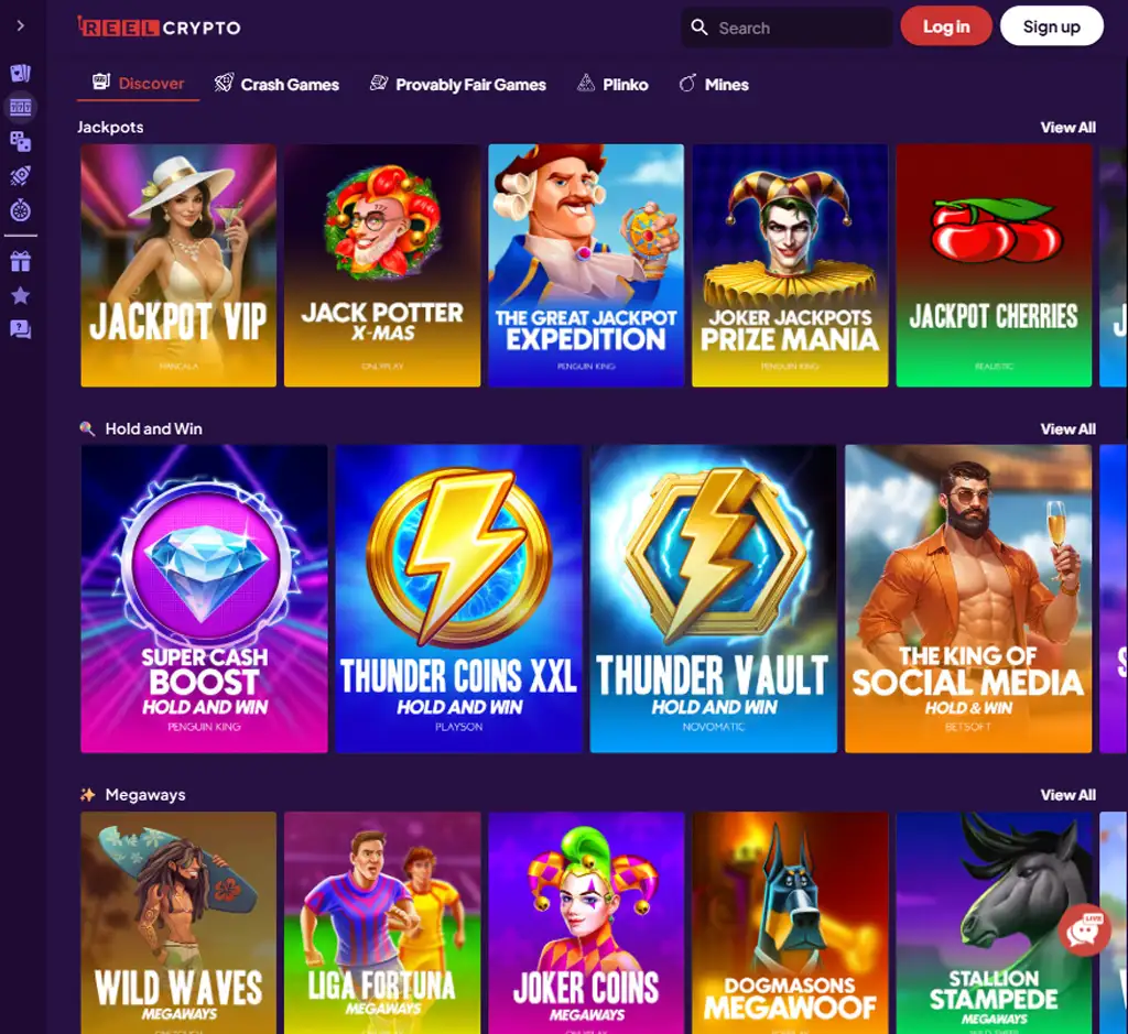 Reel Crypto Casino desktop slots lobby screenshot presenting variety of slot games with categories and providers - verified