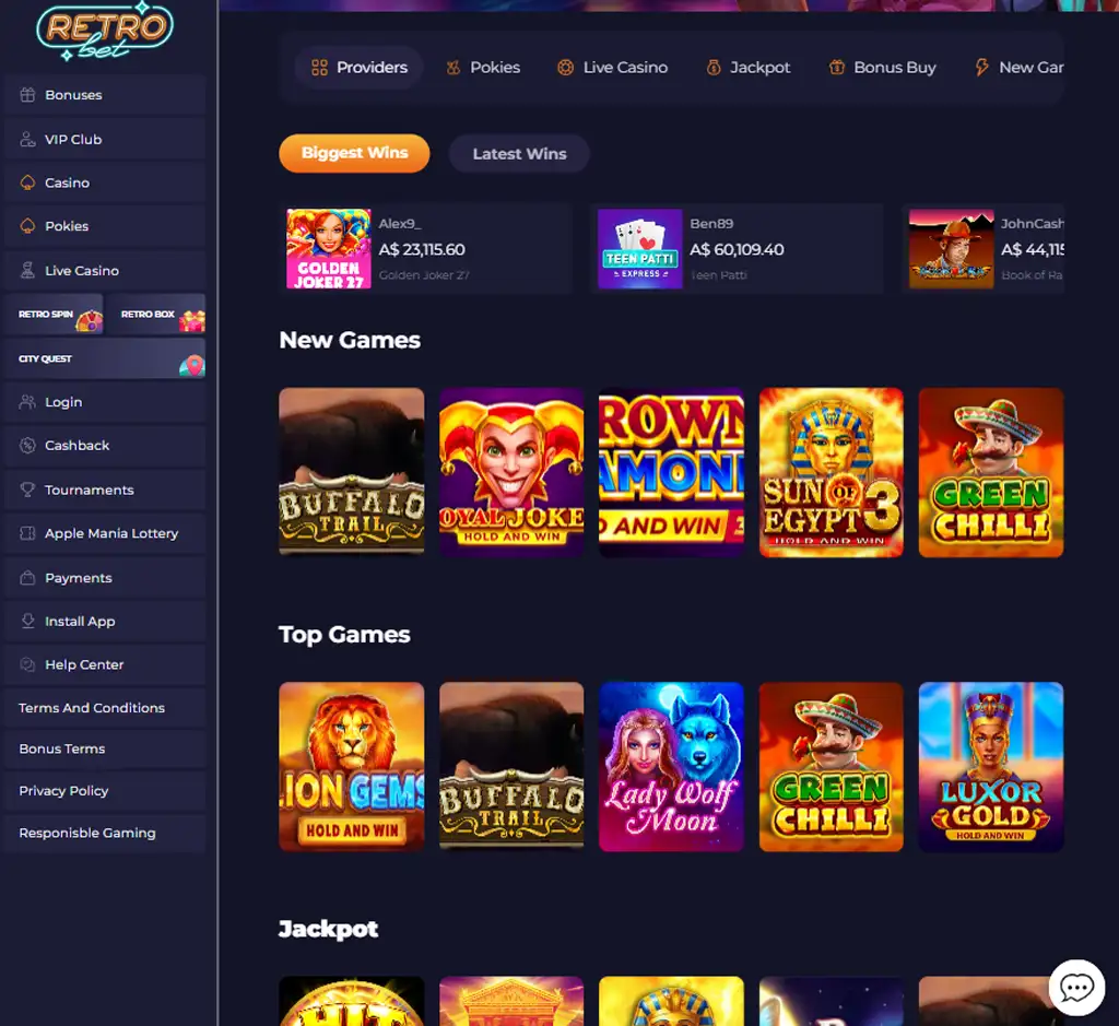 RetroBet Casino desktop homepage screenshot displaying main lobby with featured games, promotions and navigation menu - tested