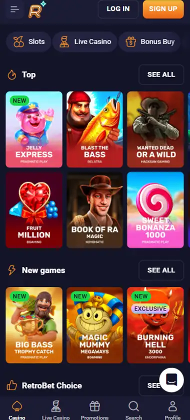 RetroBet Casino mobile homepage screenshot showing main lobby with featured games and promotions - Tested
