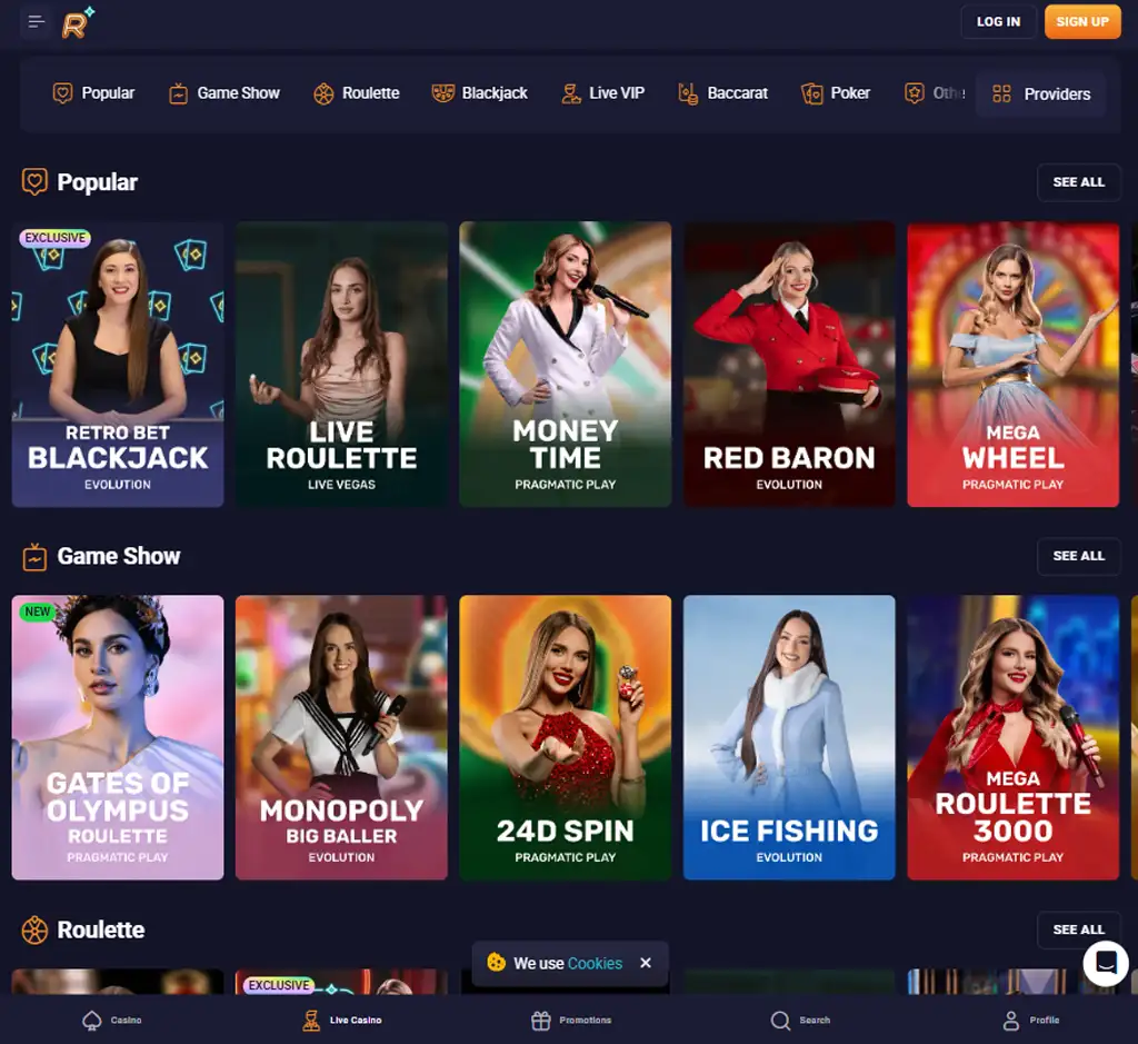 RetroBet Casino desktop live casino lobby screenshot featuring live dealer games and real-time streaming interface - Tested