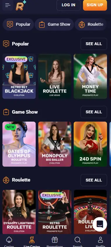 RetroBet Casino mobile live casino interface screenshot showing live dealer tables including blackjack and roulette - tested