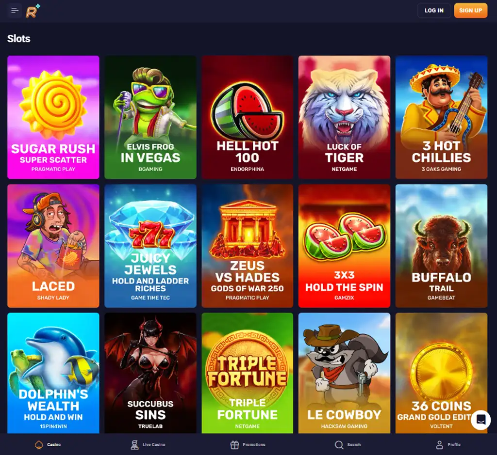 RetroBet Casino desktop slots lobby screenshot presenting variety of slot games with categories and providers - Tested