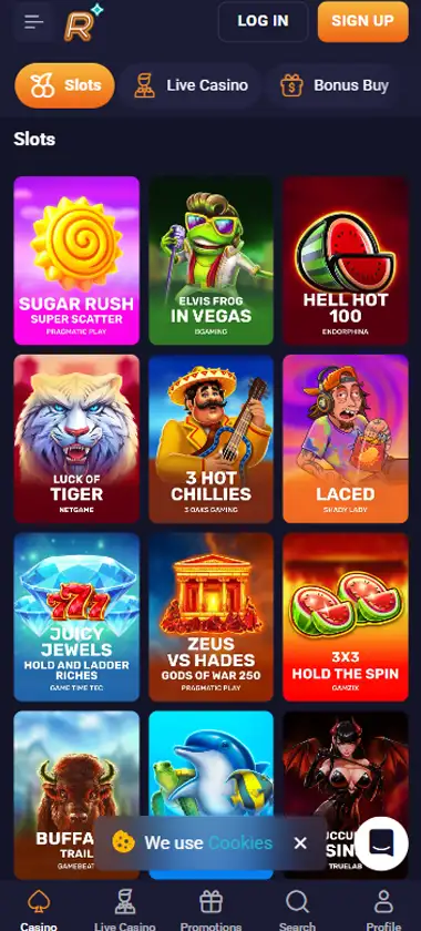 RetroBet Casino mobile slots interface screenshot showing slot game selection with popular titles and filtering options - Tested