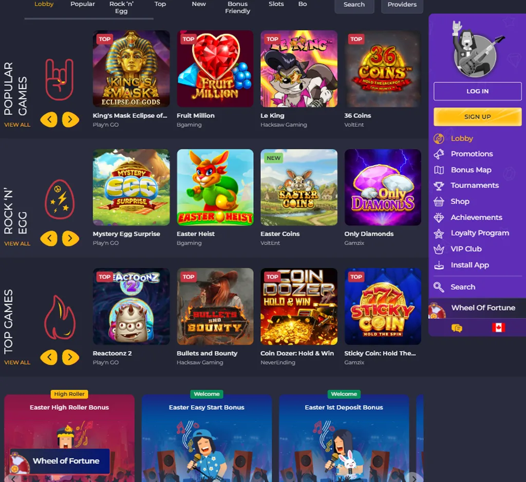Rolling Slots Casino homepage desktop interface screenshot showing main lobby, featured games and promotions - tested