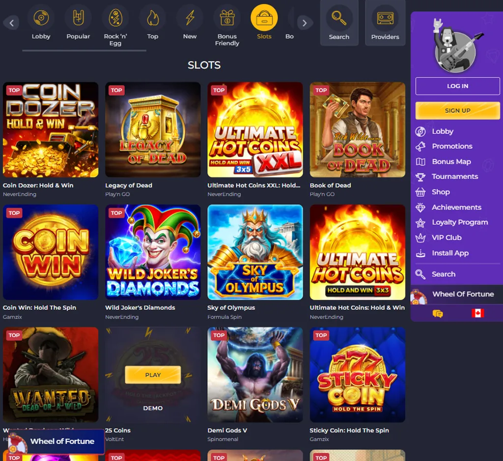 Rolling Slots Casino slot games desktop interface screenshot featuring slot categories and gameplay options - review testing