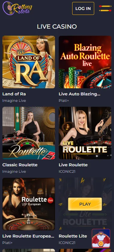 Rolling Slots Casino live casino mobile interface screenshot showing live dealer games and real-time gameplay - tested