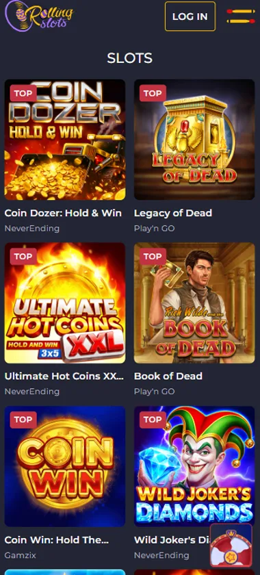 Rolling Slots Casino slot games mobile interface screenshot displaying popular slots and game selection - verified