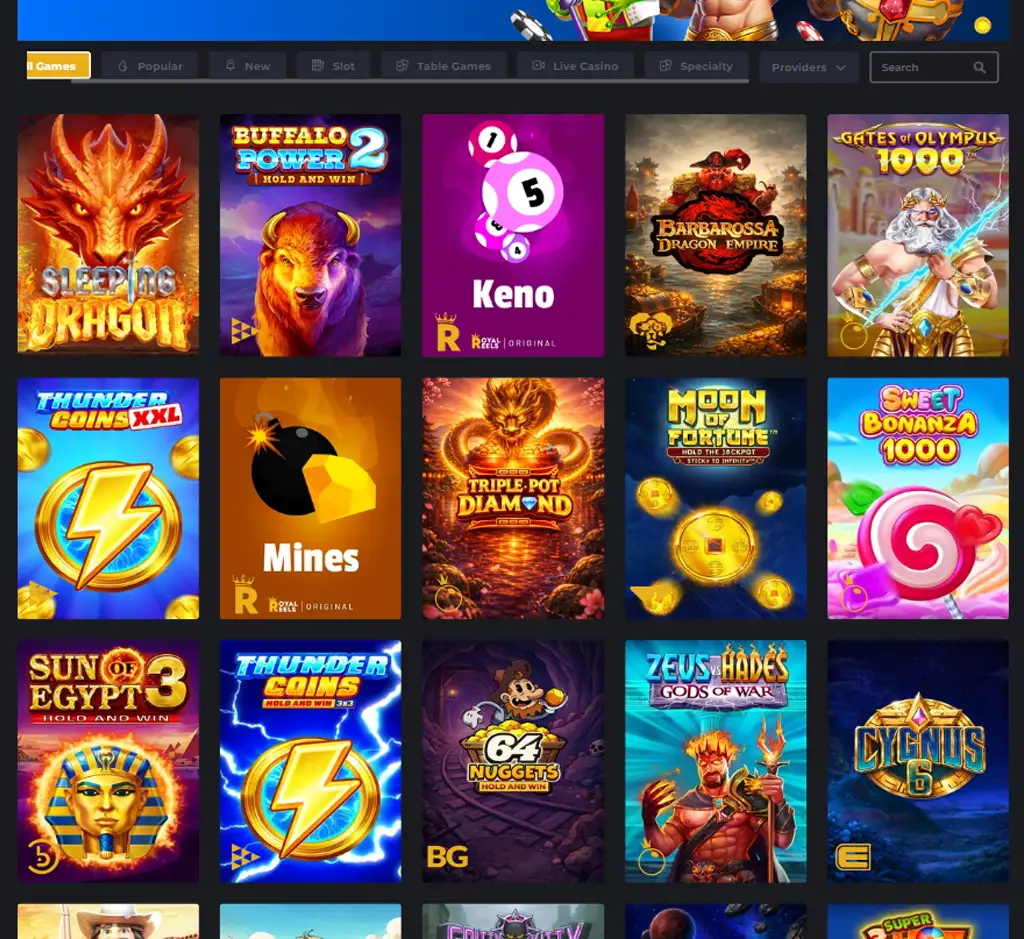 Royal Reels 16 Casino homepage desktop interface screenshot showing main lobby, featured games and promotions - tested