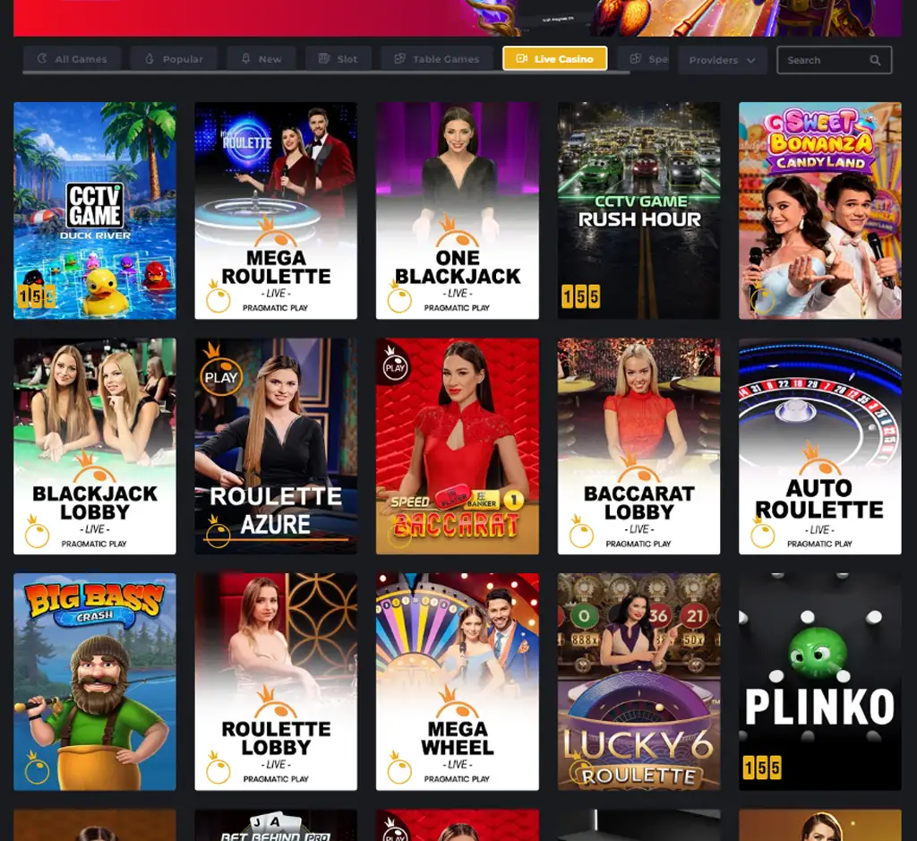 Royal Reels 16 Casino live casino desktop interface screenshot showing live dealer tables and streaming gameplay - captured during testing