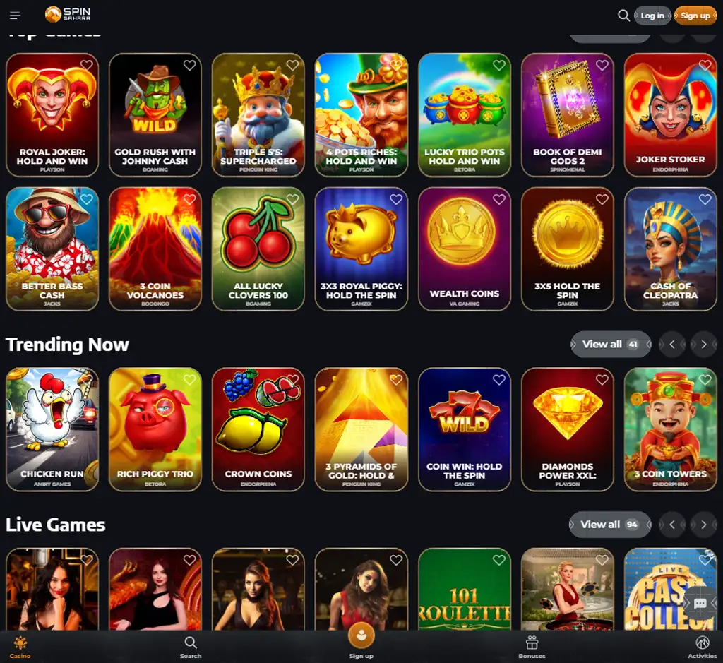 Spin Sahara Casino desktop homepage screenshot displaying main lobby with featured games, promotions and navigation menu - Tested