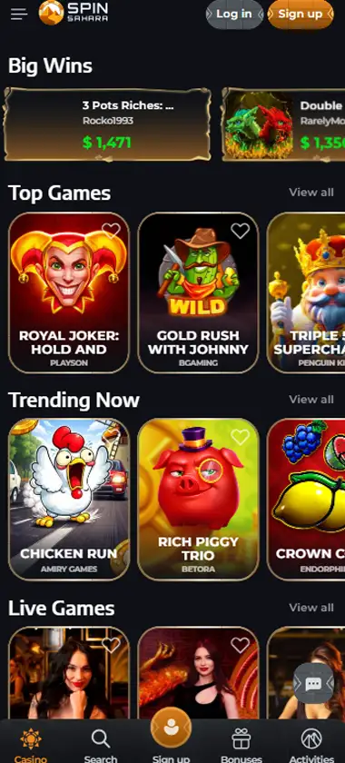 Spin Sahara Casino mobile homepage screenshot showing main lobby with featured games and promotions - Tested