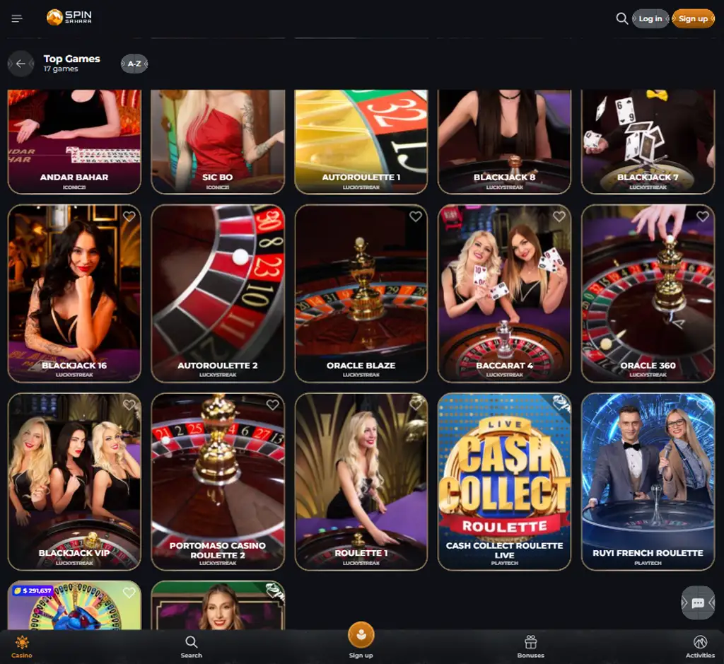 Spin Sahara Casino desktop live casino lobby screenshot featuring live dealer games and real-time streaming interface - Tested