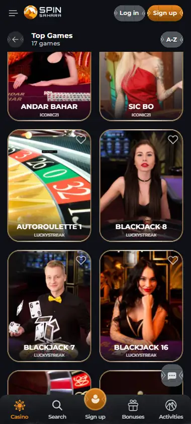 Spin Sahara Casino mobile live casino interface screenshot showing live dealer tables including blackjack and roulette - tested