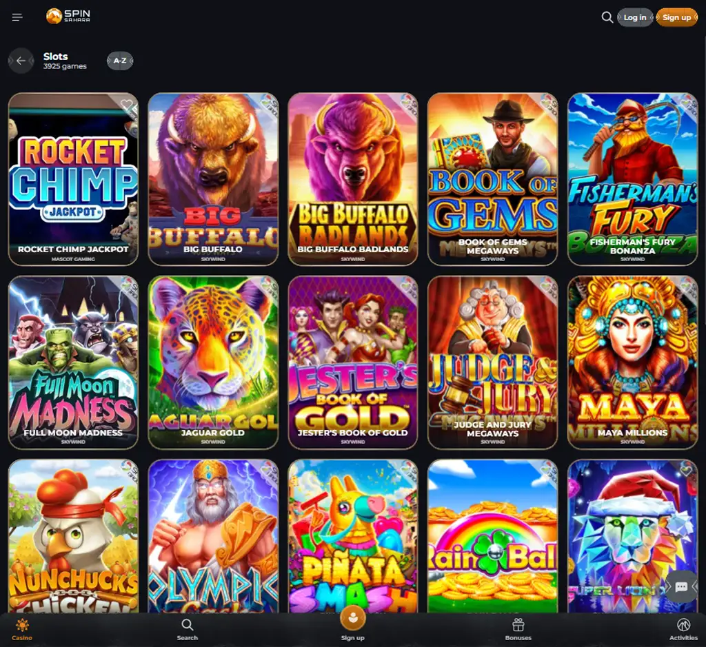 Spin Sahara Casino desktop slots lobby screenshot presenting variety of slot games with categories and providers - Tested
