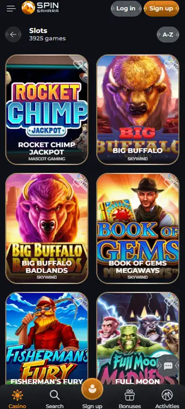 Spin Sahara Casino mobile slots interface screenshot showing slot game selection with popular titles and filtering options - Tested