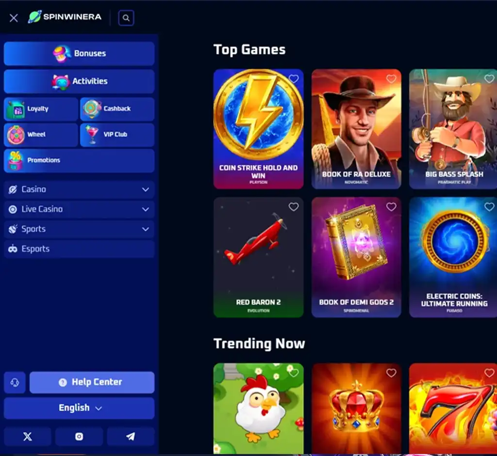 Spinwinera Casino desktop homepage screenshot displaying main lobby with featured games, promotions and navigation menu - tested