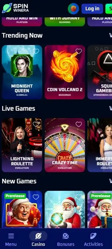Spinwinera Casino mobile homepage screenshot showing main lobby with featured games and promotions - captured during platform testing