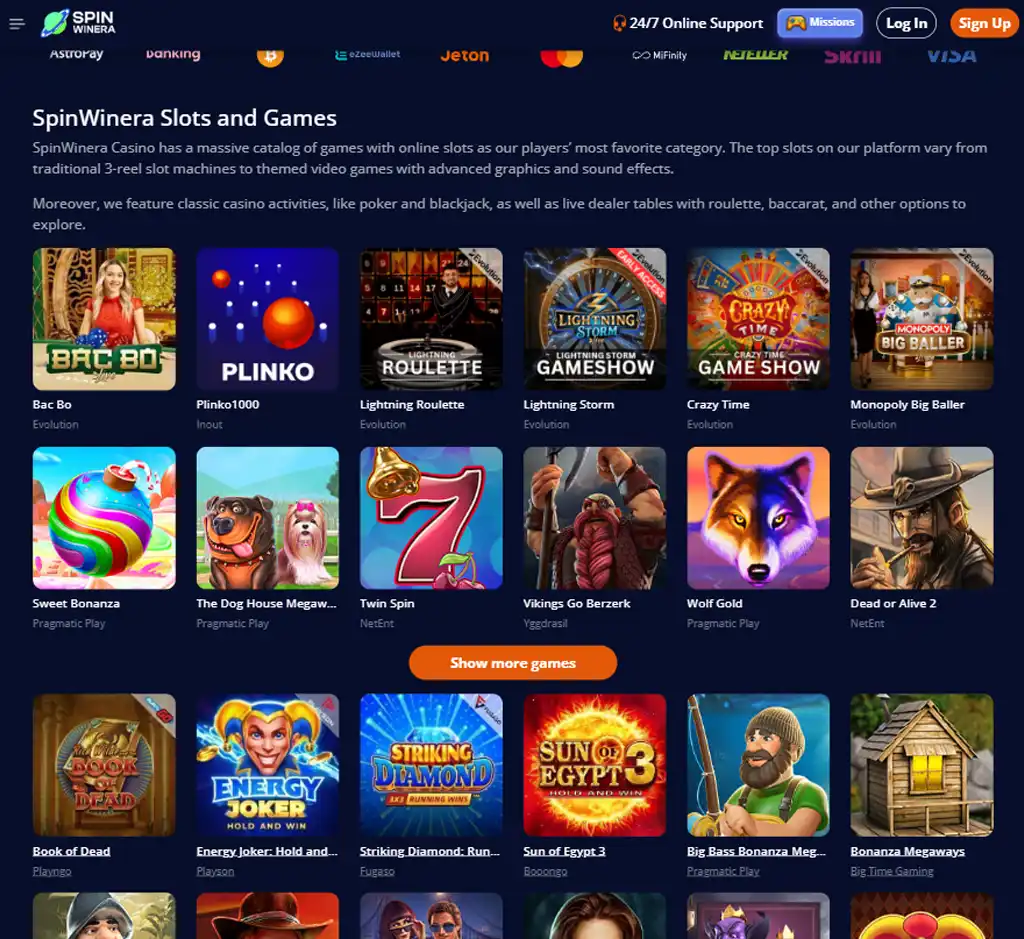 Spinwinera Casino desktop slots lobby screenshot presenting variety of slot games with categories and providers - Tested