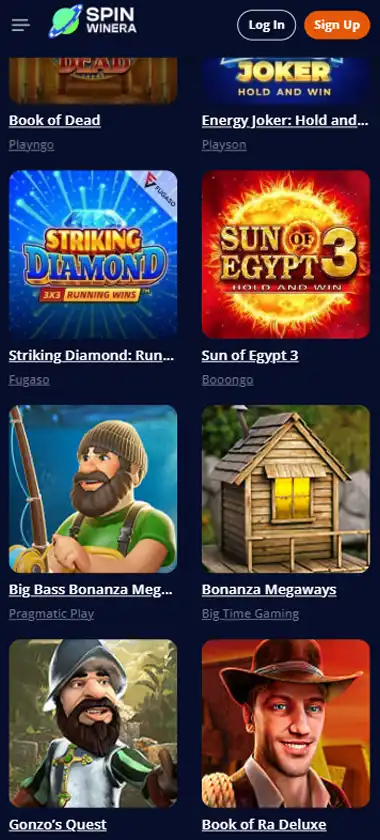 Spinwinera Casino mobile slots interface screenshot showing slot game selection with popular titles and filtering options - Tested