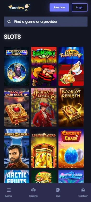 Fruity King Casino slot games desktop interface screenshot featuring slot categories and gameplay options - review testing