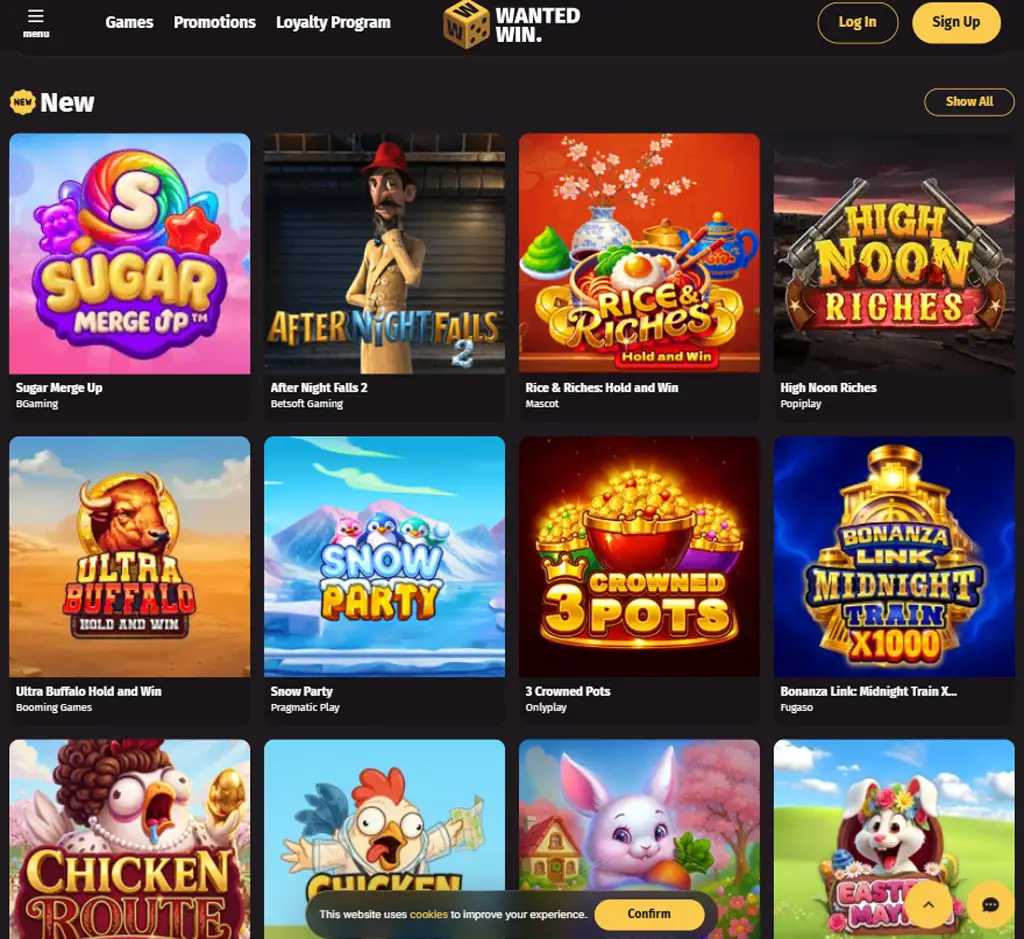 Wanted Win Casino desktop homepage screenshot displaying main lobby with featured slots, promotions and navigation menu - tested