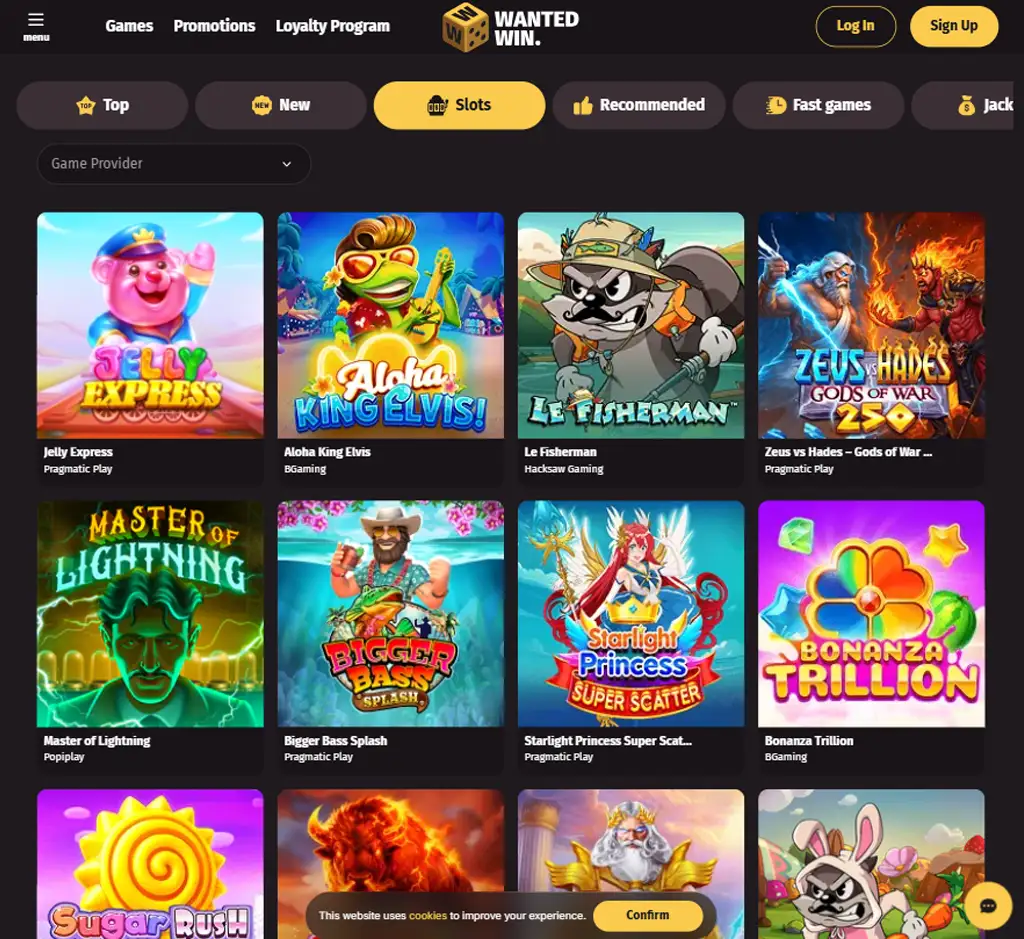 Wanted Win Casino desktop slots lobby screenshot presenting wide range of slot games with categories and providers - verified