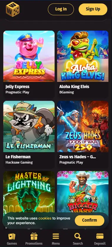 Wanted Win Casino mobile slots interface screenshot showing game selection with popular slot titles and filters - captured during platform testing