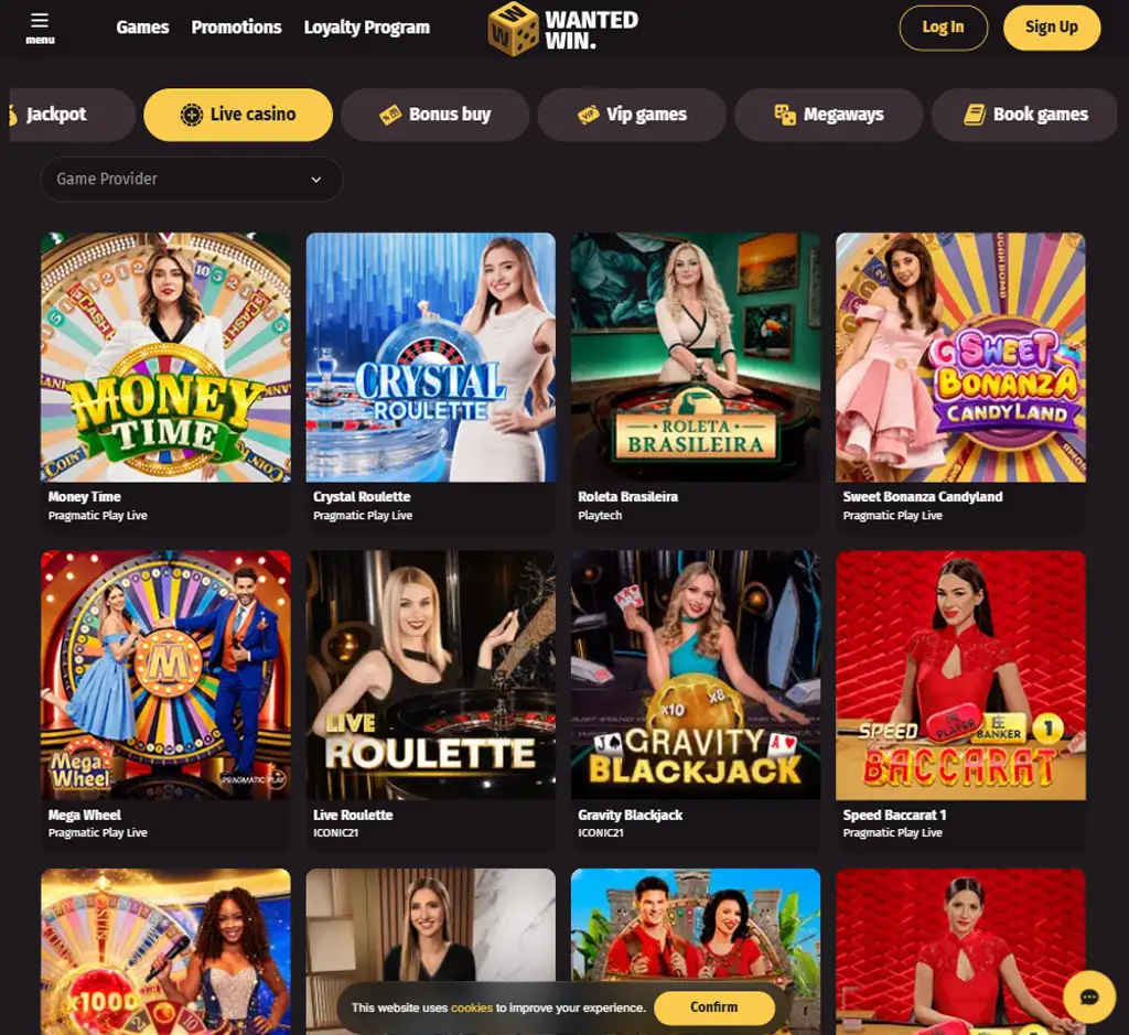 Wanted Win Casino desktop live casino lobby screenshot featuring live dealer tables and streaming interface - review testing