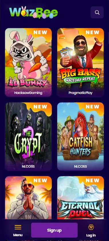 Wazbee Casino mobile slots interface screenshot showing slot game selection with popular titles and filtering options - captured during platform testing
