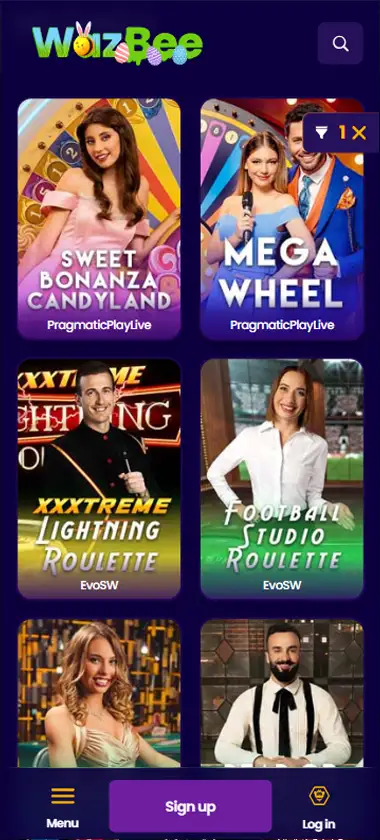 Wazbee Casino mobile live casino interface screenshot showing live dealer tables including blackjack and roulette - tested