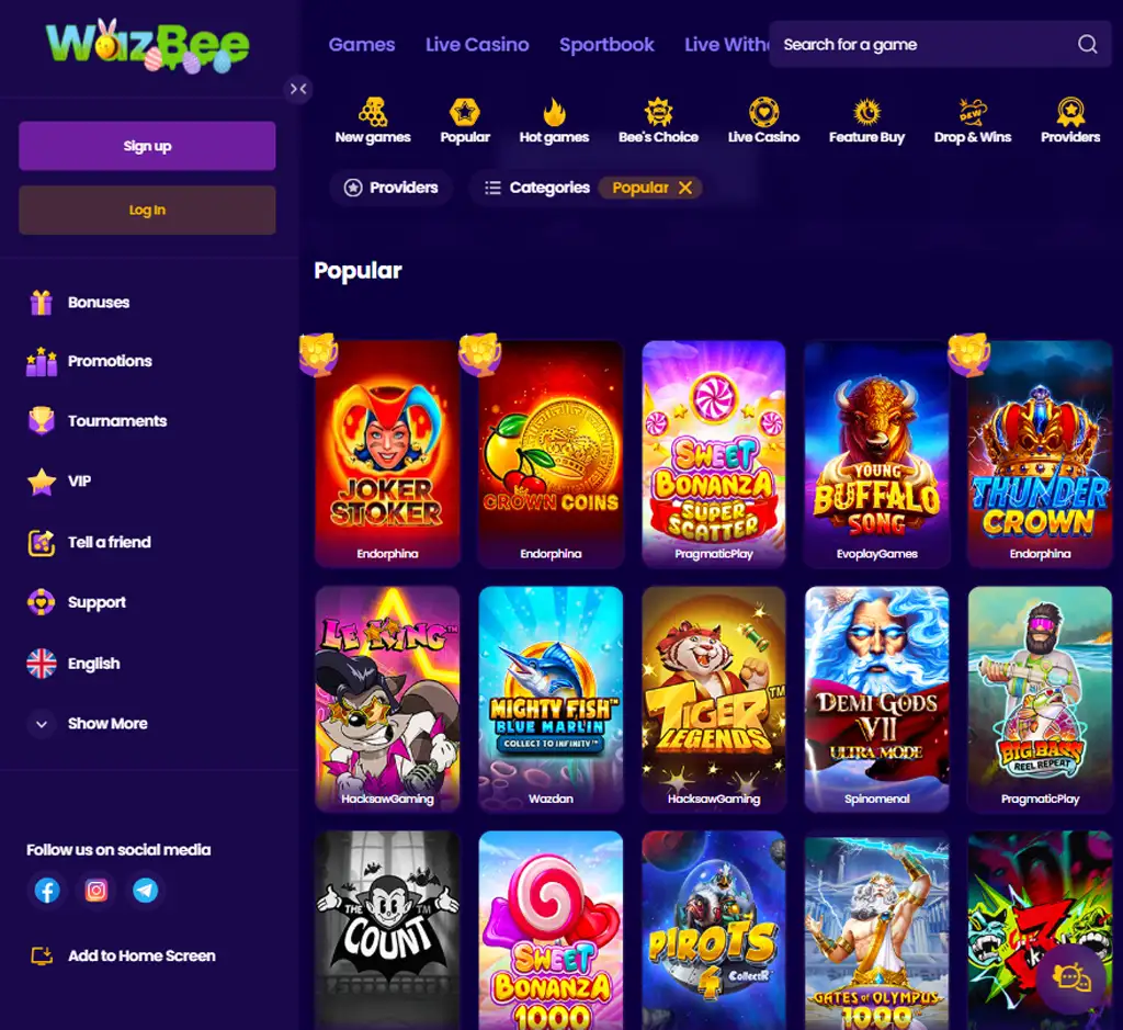 Wazbee Casino desktop slots lobby screenshot presenting variety of slot games with categories and providers - verified