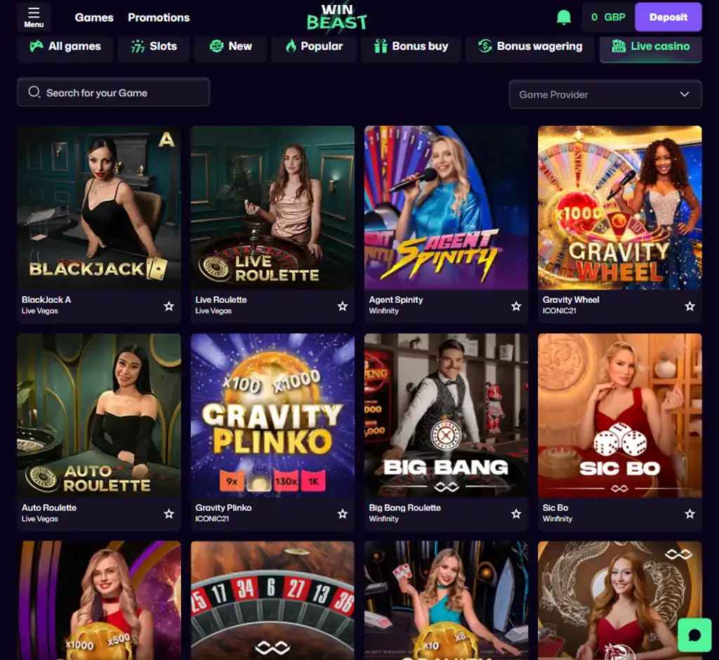 Win Beast Casino desktop live casino lobby screenshot featuring live dealer games and real-time streaming interface - Tested