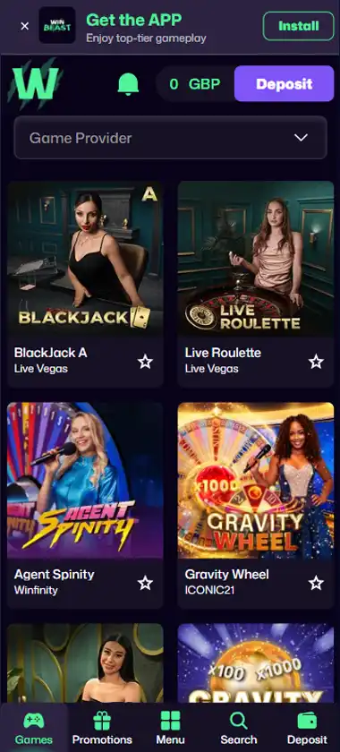 Win Beast Casino mobile live casino interface screenshot showing live dealer tables including blackjack and roulette - tested