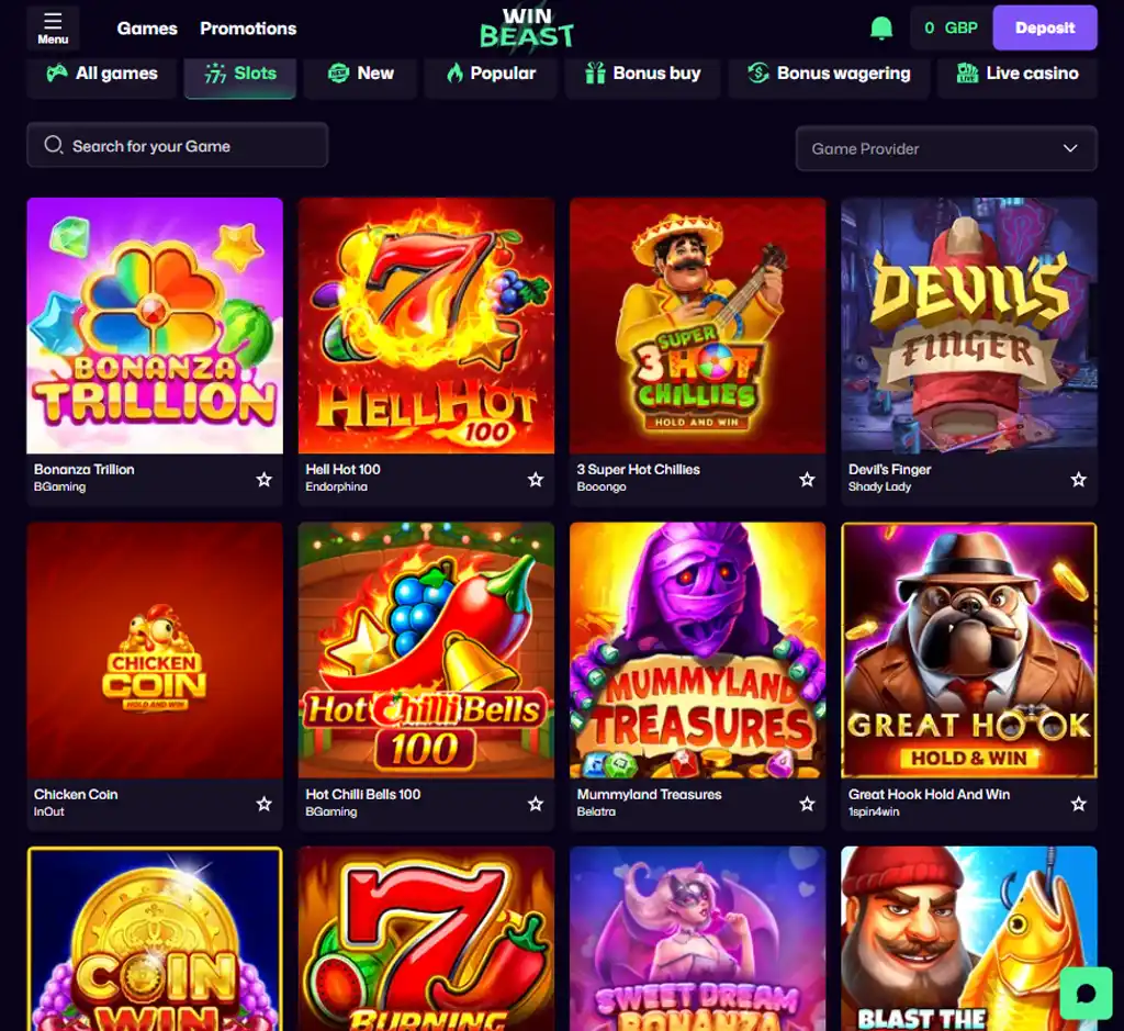 Win Beast Casino desktop slots lobby screenshot presenting variety of slot games with categories and providers - Tested