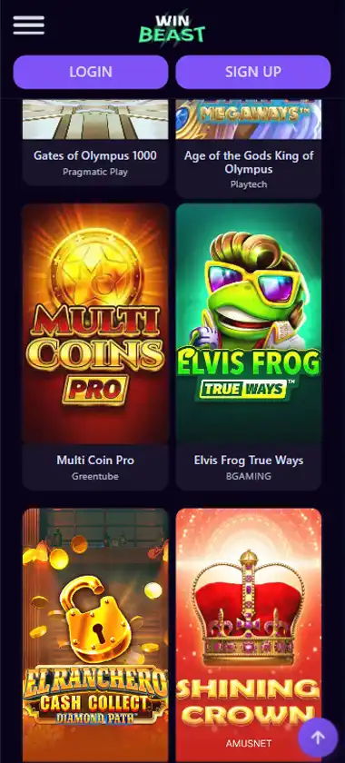 Win Beast Casino mobile slots interface screenshot showing slot game selection with popular titles and filtering options - Tested