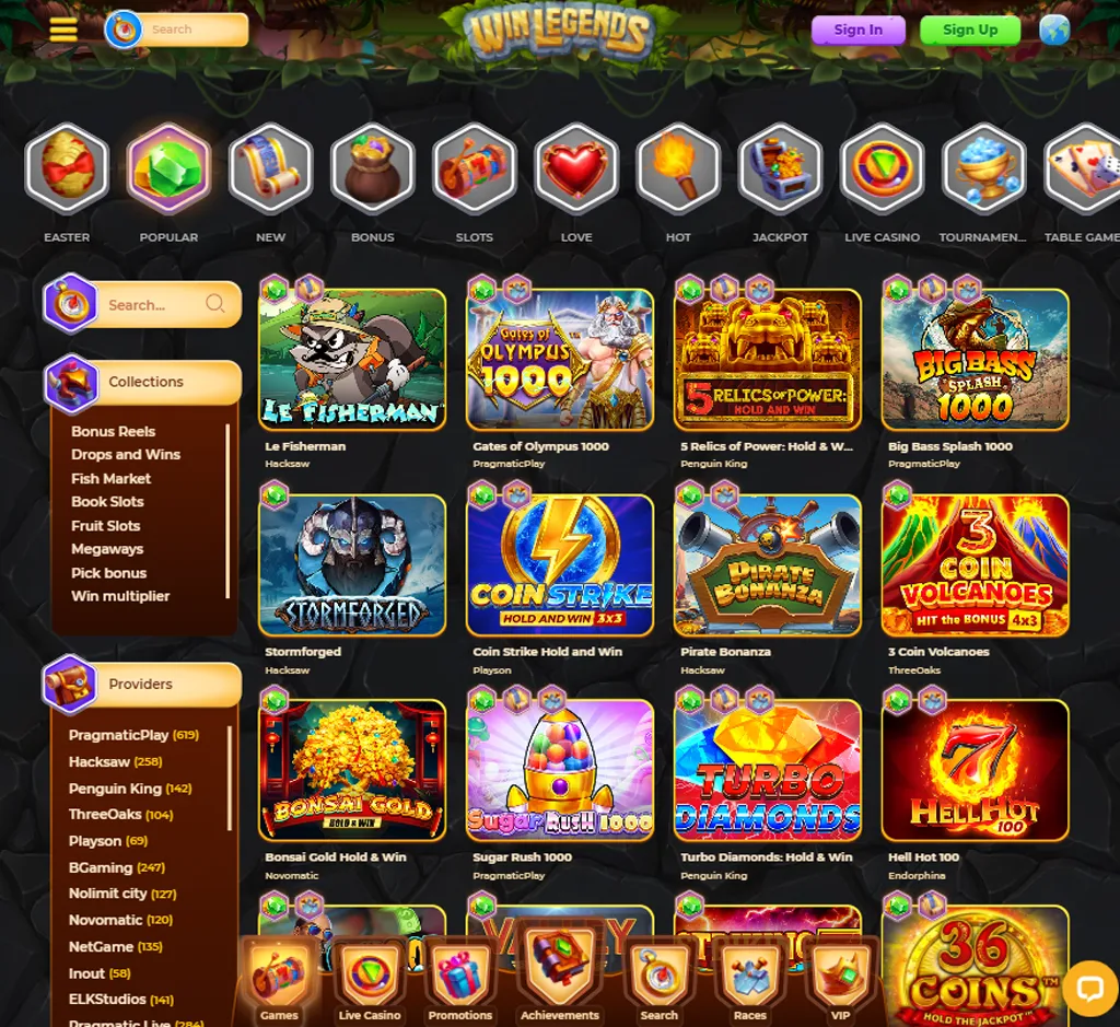 Win Legends Casino homepage desktop interface screenshot showing main lobby, featured games and promotions - tested Win Legends Casino homepage desktop interface screenshot showing main lobby, featured games and promotions - tested