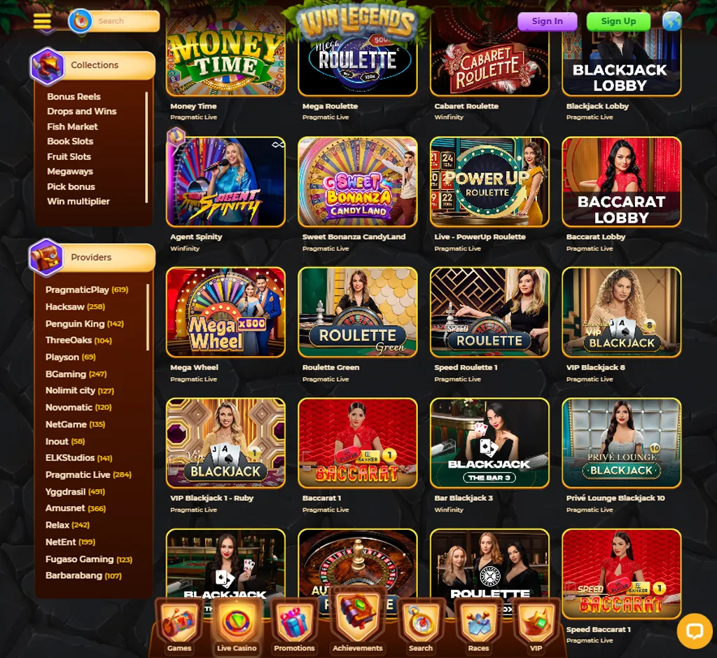 Win Legends Casino live casino desktop interface screenshot showing live dealer tables and streaming gameplay - captured during testing Win Legends Casino live casino desktop interface screenshot showing live dealer tables and streaming gameplay - captured during testing