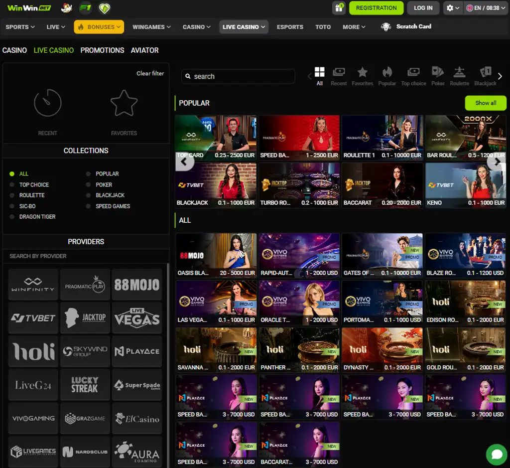 WinWin Bet desktop live casino lobby screenshot featuring live dealer games and real-time streaming interface - tested