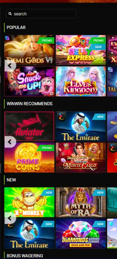 WinWin Bet mobile slots interface screenshot showing slot game selection with popular titles and filtering options - captured during platform testing