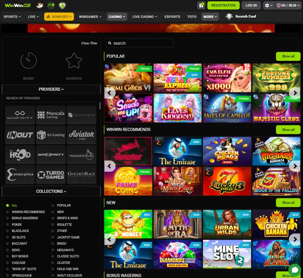 WinWin Bet desktop slots lobby screenshot presenting variety of slot games with categories and providers - tested