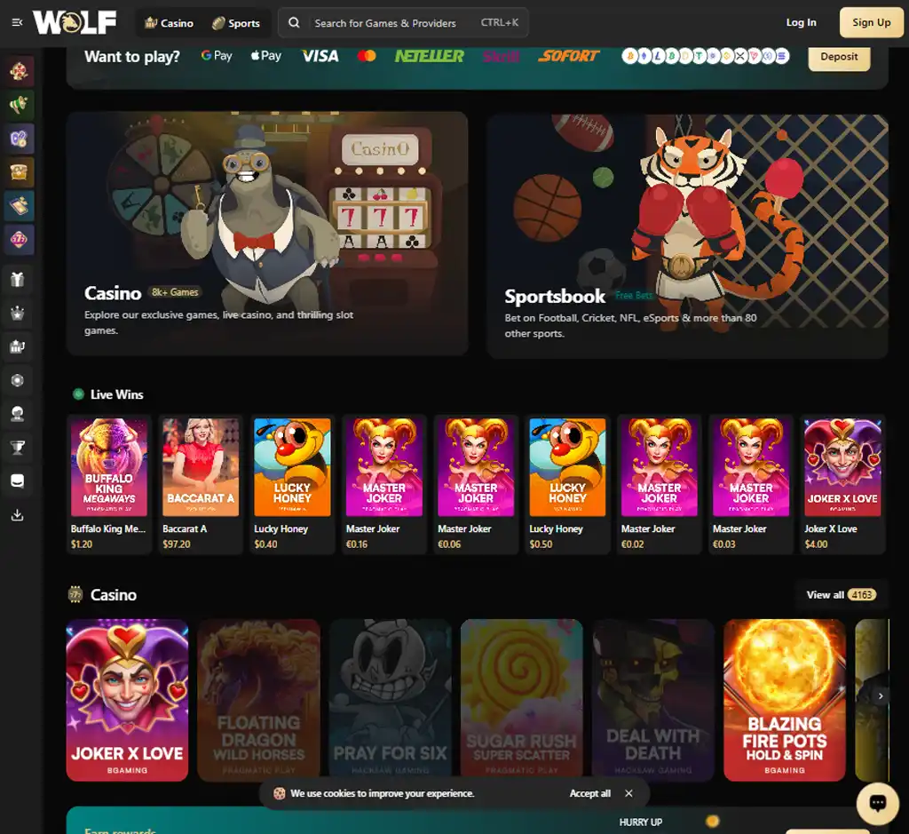Wolf Casino desktop homepage screenshot displaying main lobby with featured games, promotions and navigation menu - tested