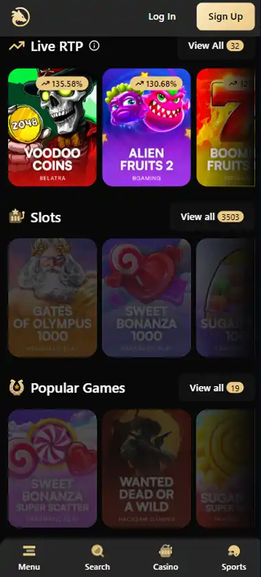 Wolf Casino mobile homepage screenshot showing main lobby with featured games and promotions - Tested