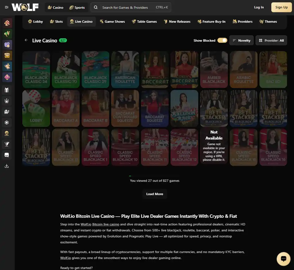 Wolf Casino desktop live casino lobby screenshot featuring live dealer games and real-time streaming interface - Tested