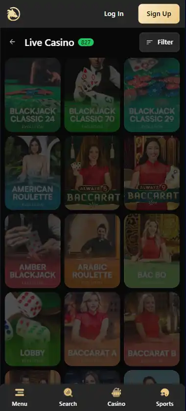 Wolf Casino mobile live casino interface screenshot showing live dealer tables including blackjack and roulette - tested