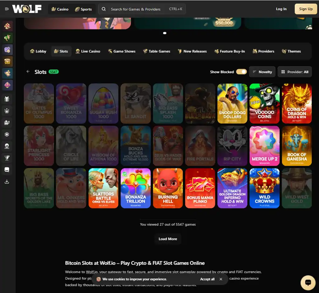 Wolf Casino desktop slots lobby screenshot presenting variety of slot games with categories and providers - Tested