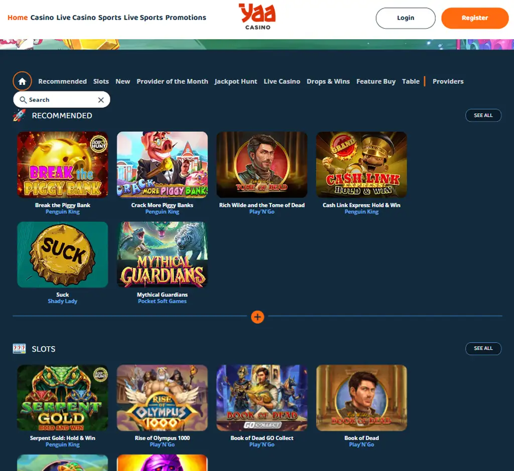 Yaa Casino desktop homepage screenshot displaying main lobby with featured games, promotions and navigation menu - tested