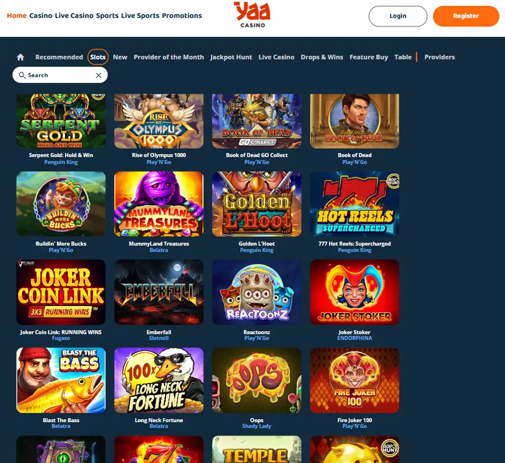Yaa Casino desktop slots lobby screenshot presenting variety of slot games with categories and providers - verified