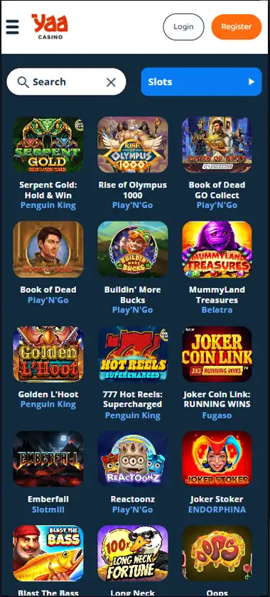Yaa Casino mobile slots interface screenshot showing slot game selection with popular titles and filtering options - captured during platform testing
