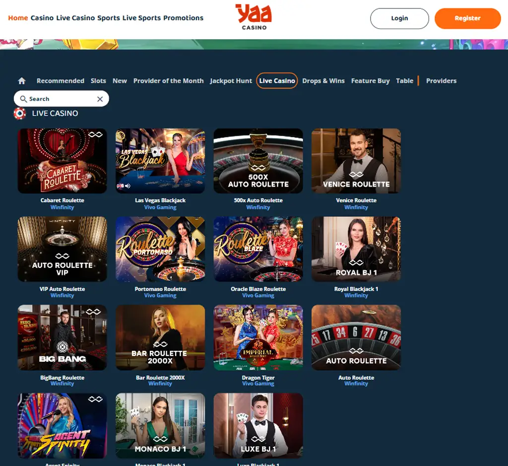 Yaa Casino desktop live casino lobby screenshot featuring live dealer games and real-time streaming interface - review testing